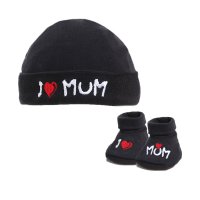 HB12-BLK: Black I ♡ Mum/Dad Hat & Bootee Set